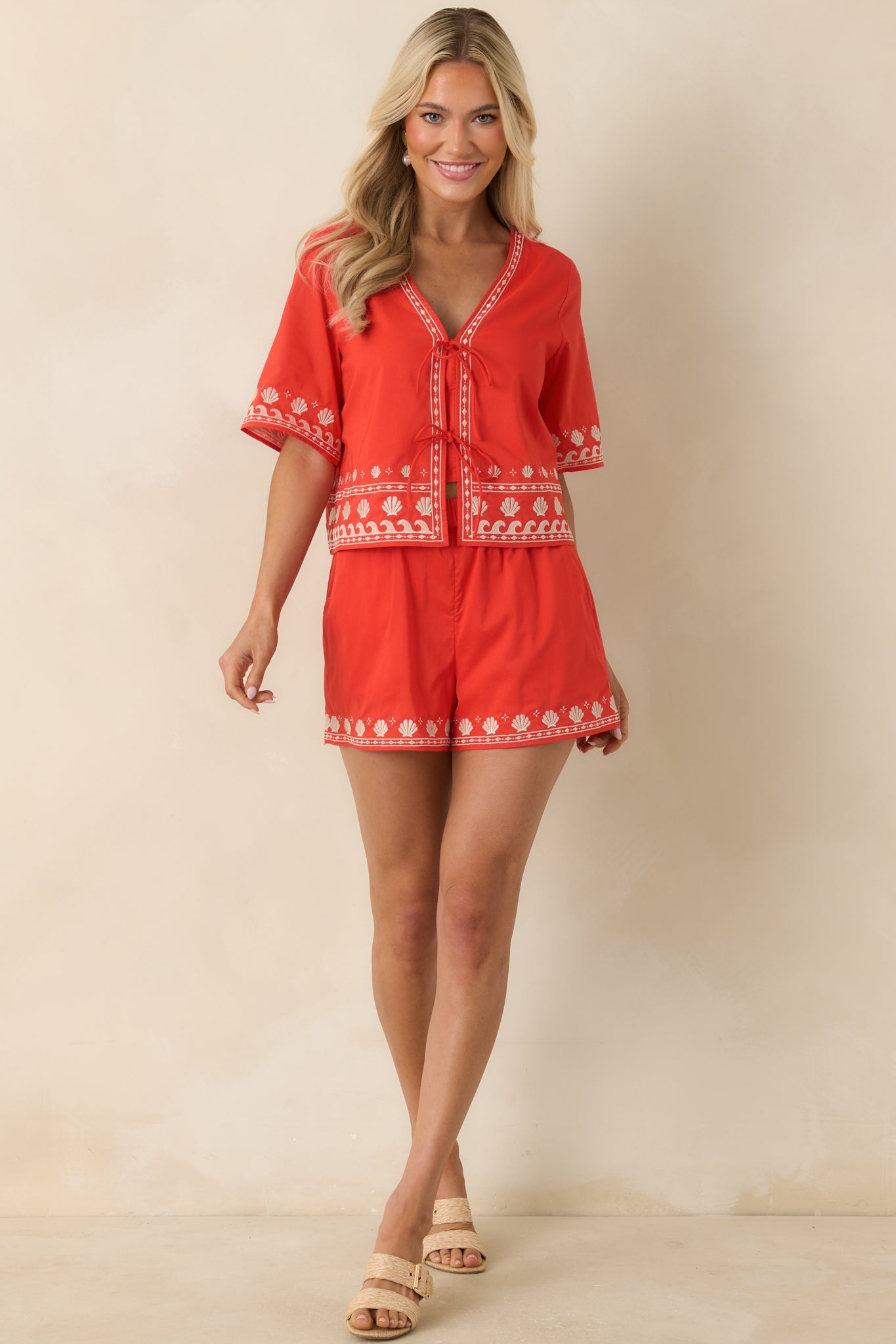 Z Supply Cast Of Waves Poppy Red Embroidered Cotton Shorts