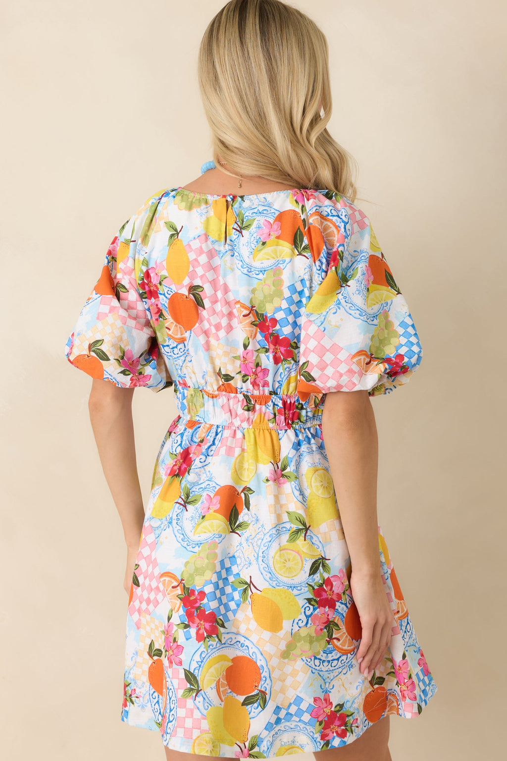Prosperina Rylee Multi Citrus Print Linen Blend Mini Dress