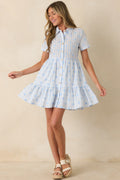 Market Days Blue Stripe Floral Embroidered Cotton Mini Dress