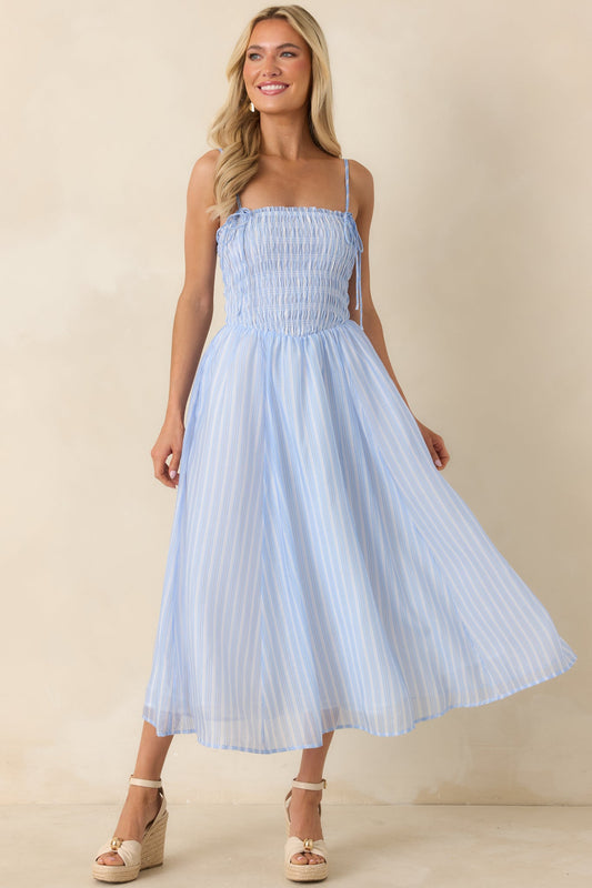 ASTR The Label Lahela Light Blue Stripe Smocked Midi Dress