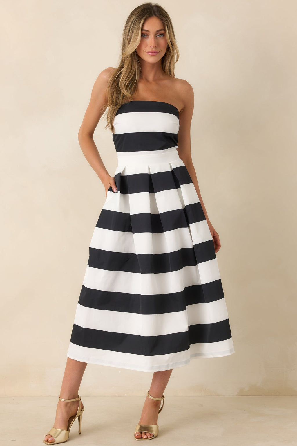 Crisp Contrast Black & White Stripe Strapless Midi Dress