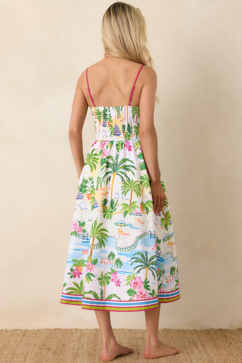 Paradisa Catalina Pink Muti Cotton Linen Poolside Print Midi Dress