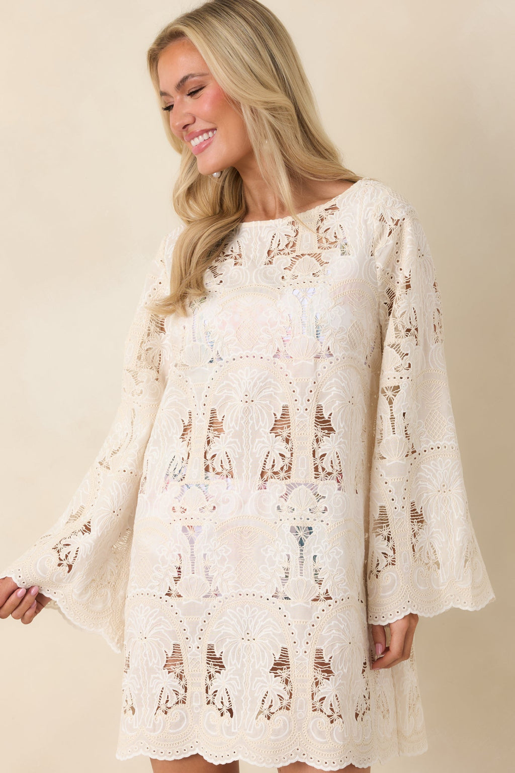 Paradisa Sea La Vie Ivory Embroidered Lace Cover Up Mini Dress