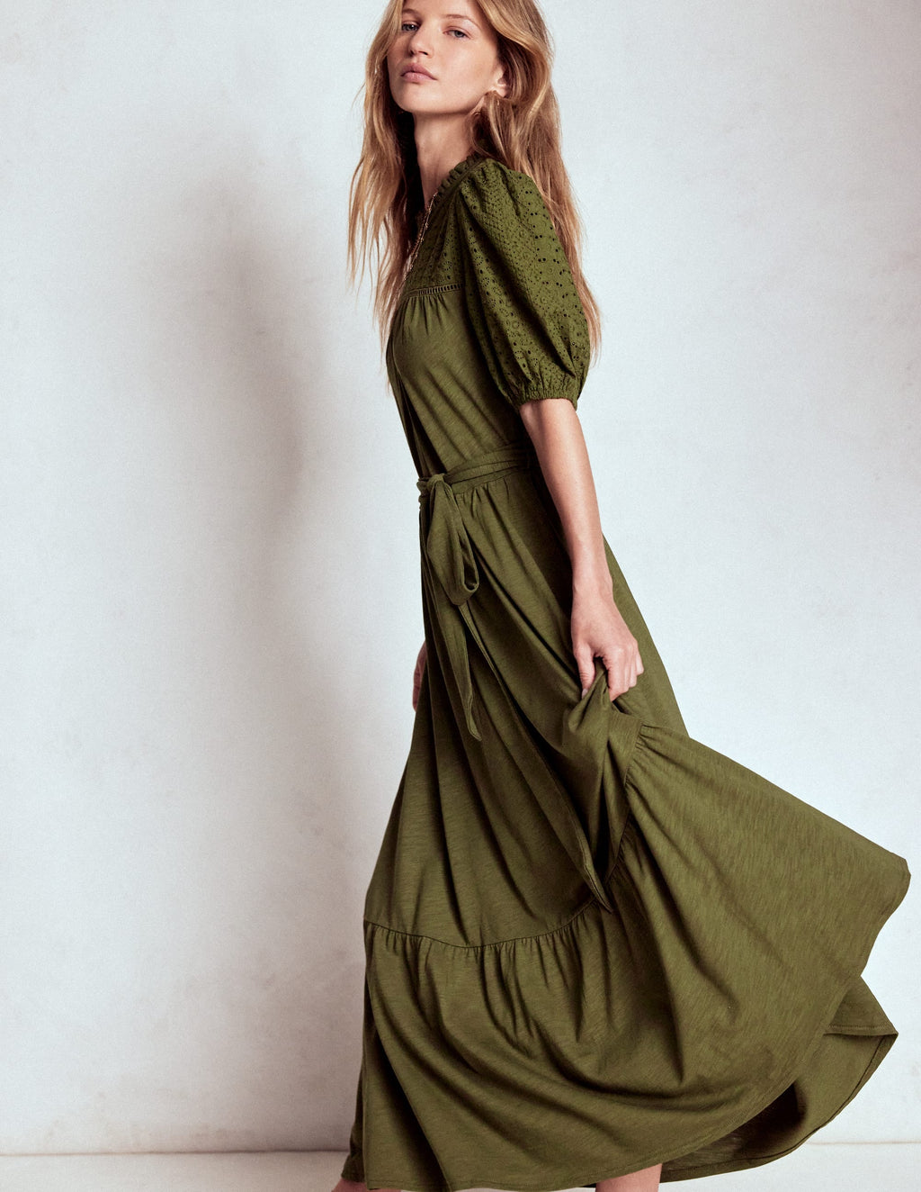 Lorelei Broderie Jersey Dress-Woodland Green