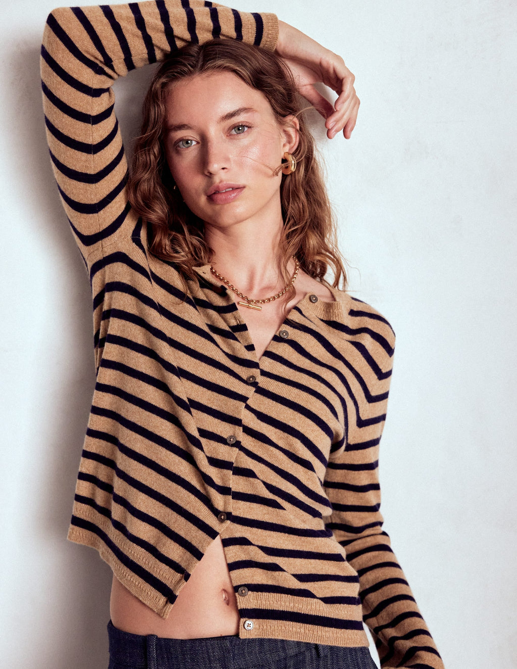 Eva Cashmere Crew Cardigan-Camel Melange/Navy Stripe