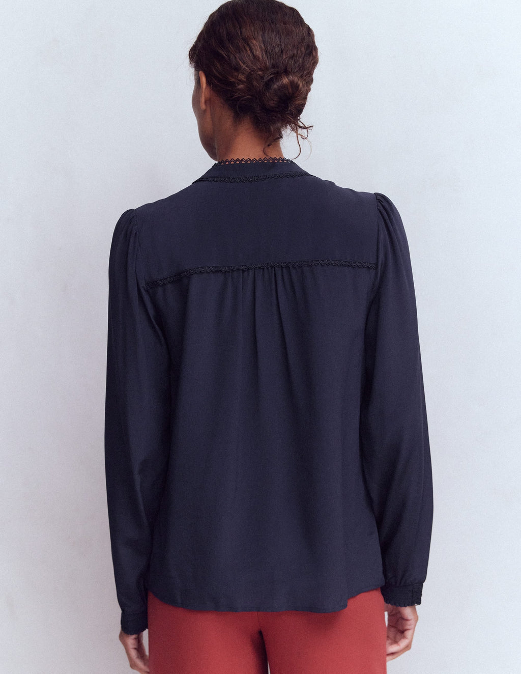 Rhea Trim Detail Silk Top-Denim Blue, Blossomy Sprig