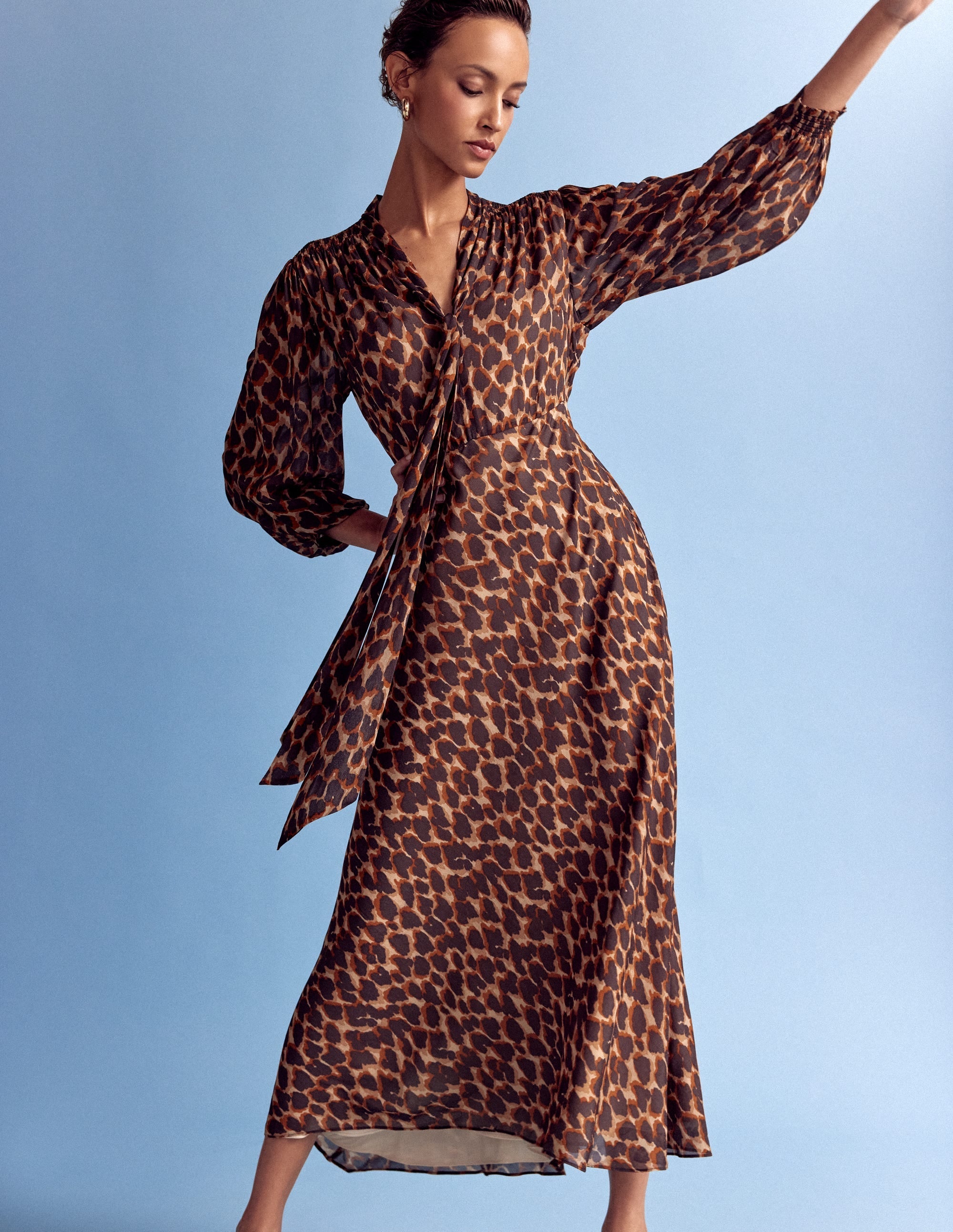 Brooke Tie Neck Tea Dress-Sand, Abstract Leopard Spot