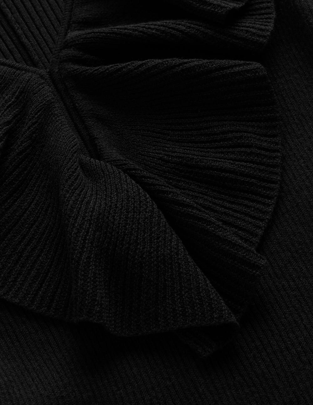 Ruffled Ribbed Dress-Black