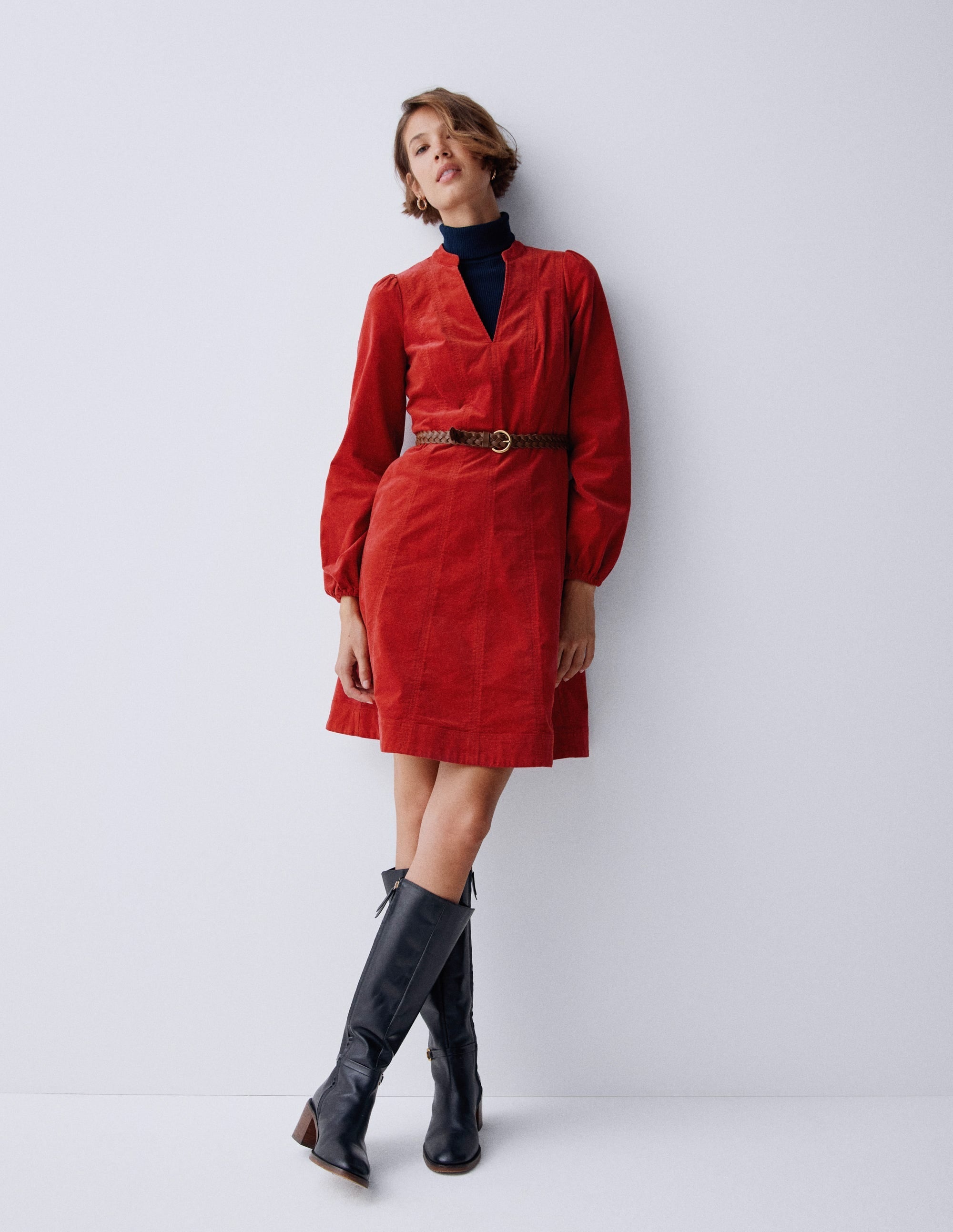 Ros Panelled Cord Short Dress-Crimson Red