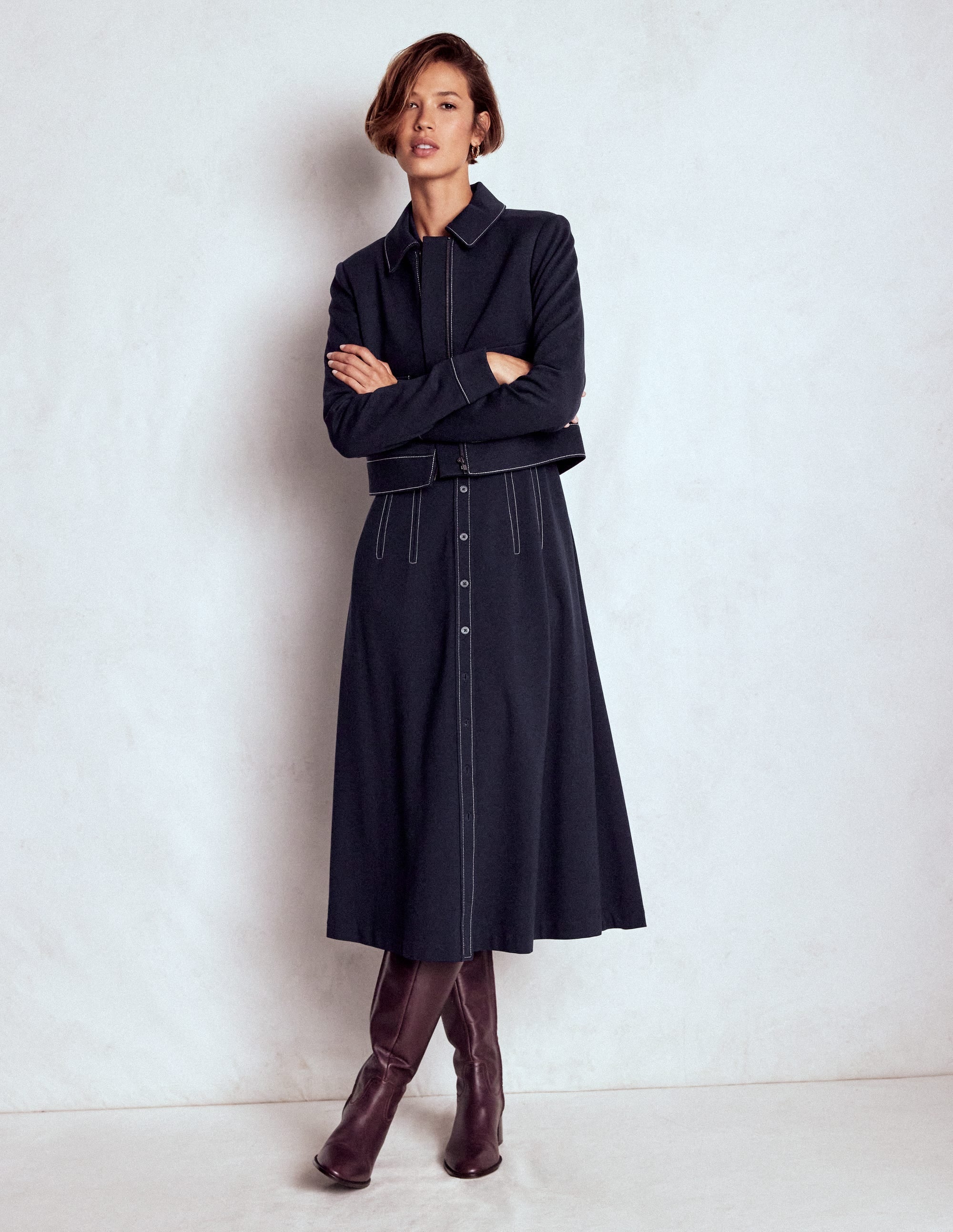Anita Long Sleeve Shirt Dress-Navy
