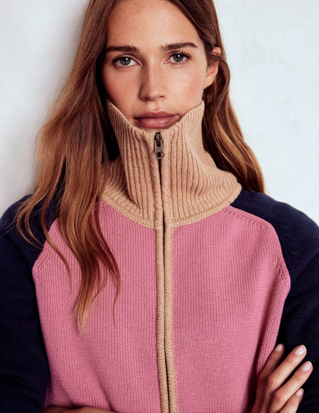 Lucy Half Zip Sweater-Pink Heather, Navy