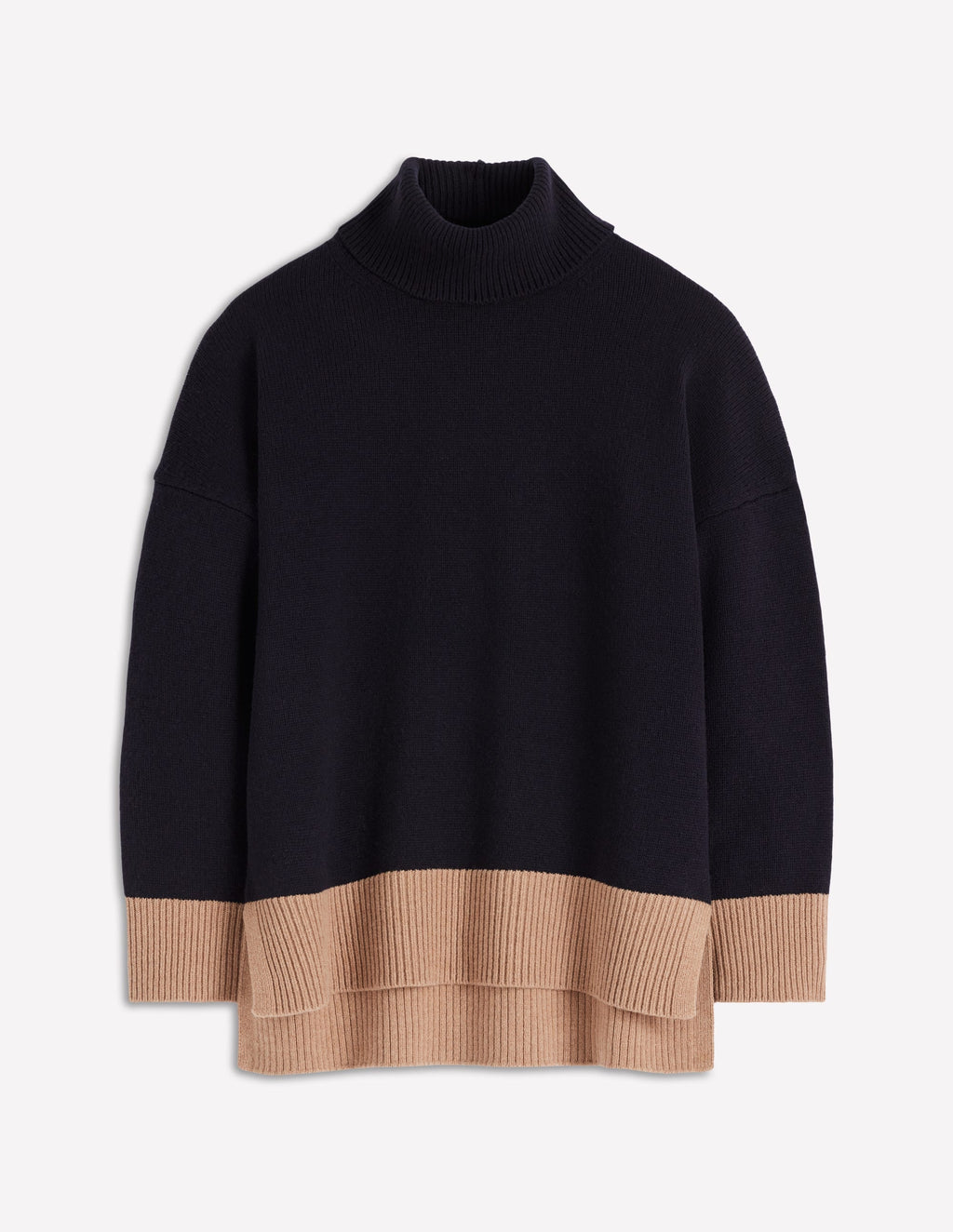 Polly Merino Roll Neck Sweater-Navy, Warm Taupe Colour Block