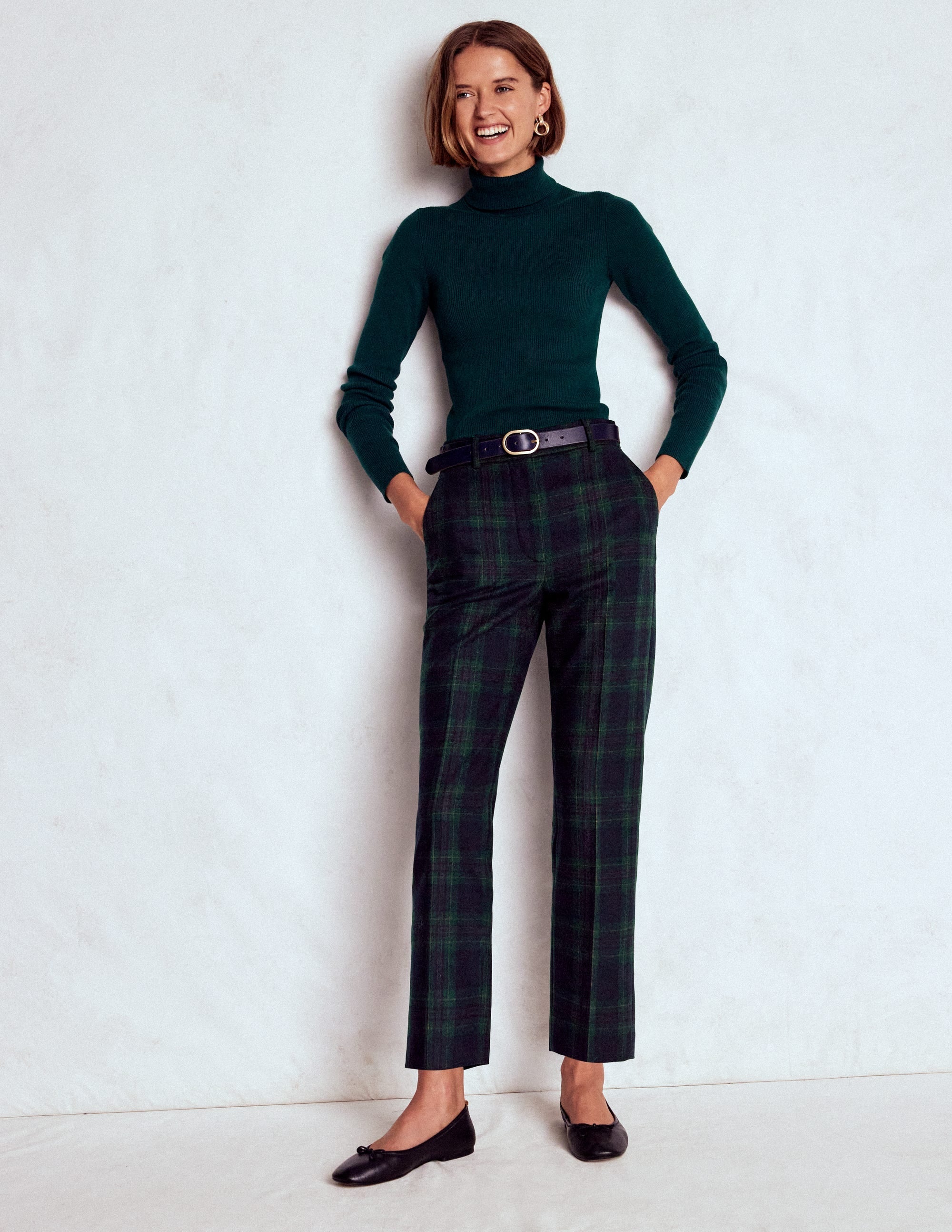 Canonbury Wool Blend Pants-Navy and Green Tonal Check