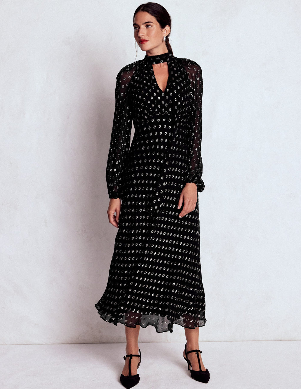 Tie Neck Midi Dress-Black and Silver Clip