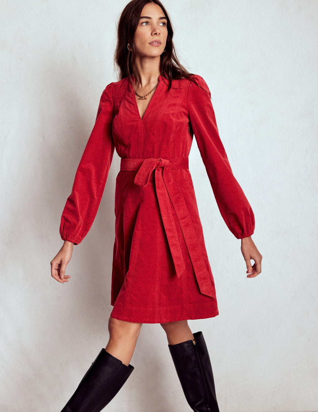 Ros Panelled Cord Short Dress-Crimson Red