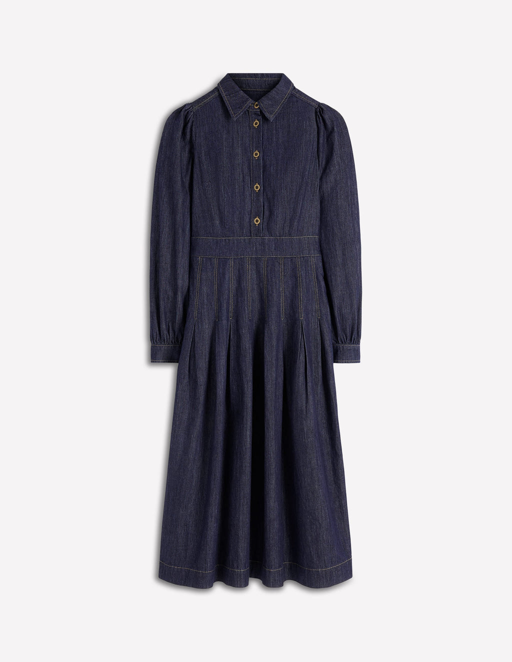 Pleat Skirt Denim Midi Dress-Indigo Wash