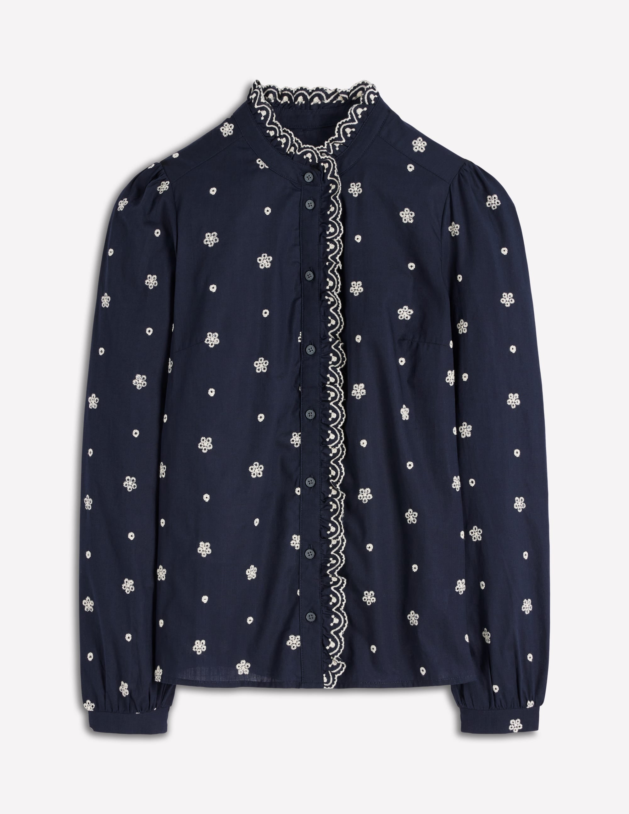 Helena Cotton Top-Navy, White Embroidery
