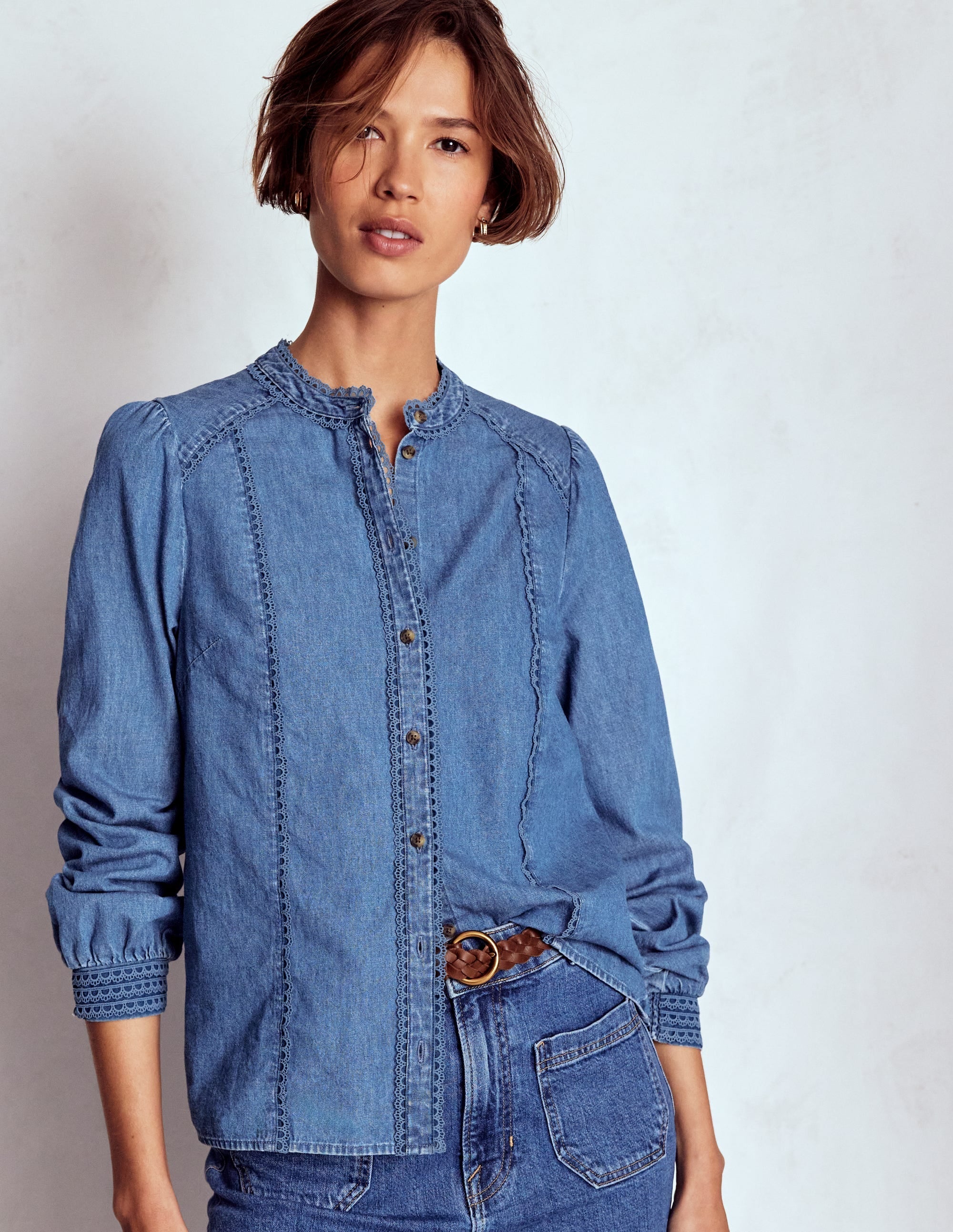 Rhea Trim Insert Denim Top-Light Vintage