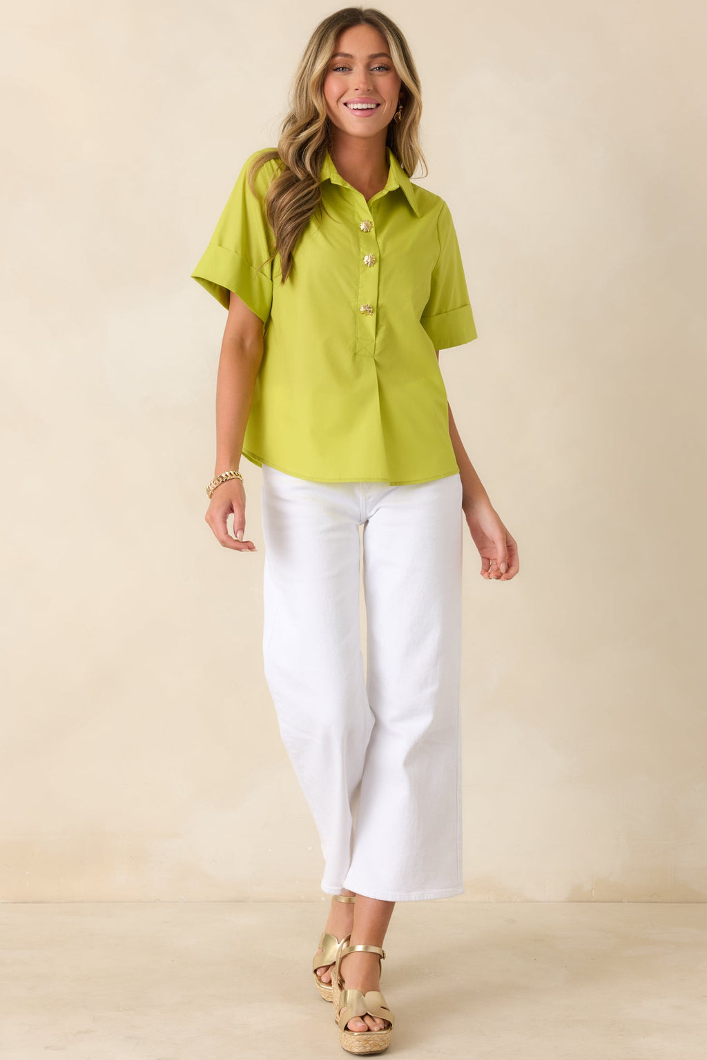Let's Get It Done Chartreuse Green Boxy Collared Blouse