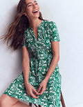Naomi Short Sleeve Dress-Jewel Green, Foliage Whirl