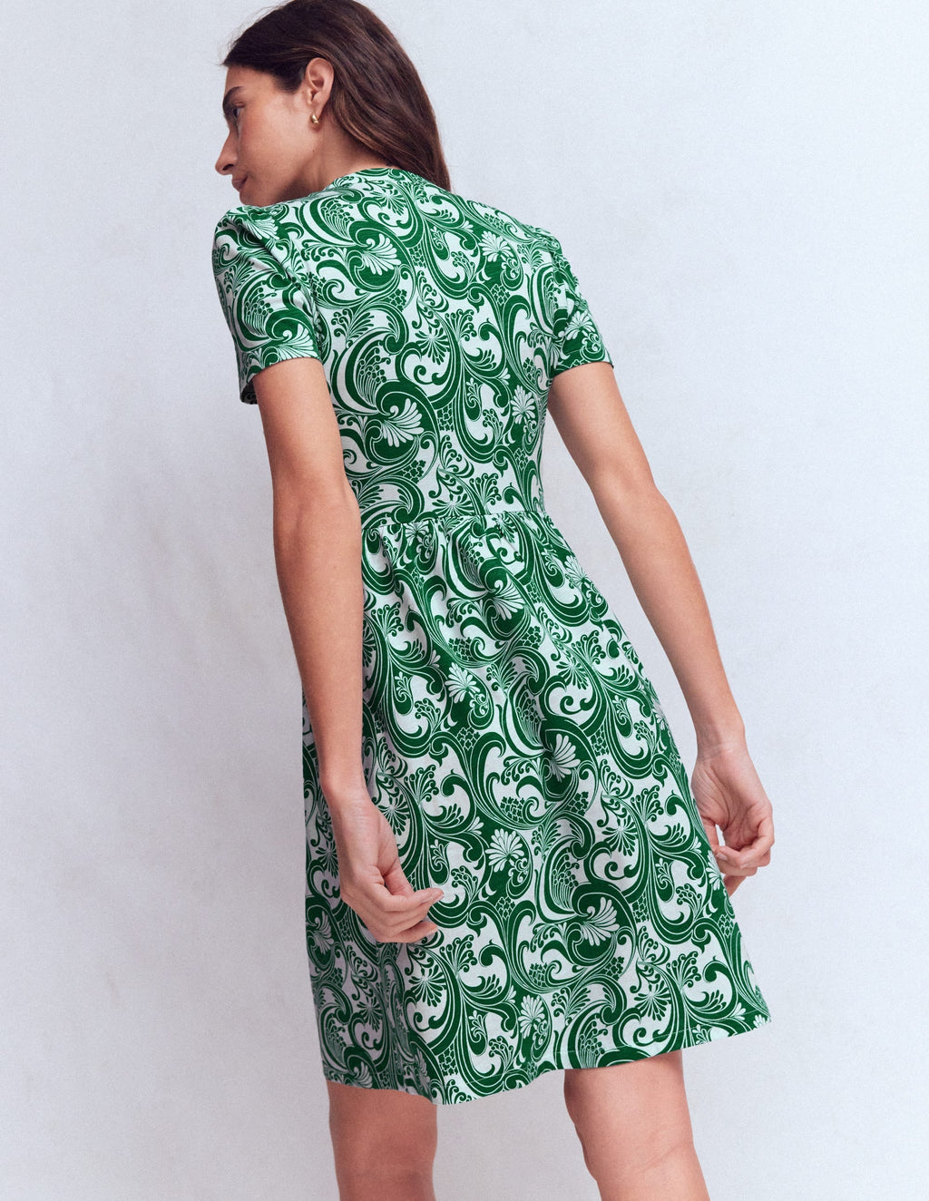 Naomi Short Sleeve Dress-Jewel Green, Foliage Whirl