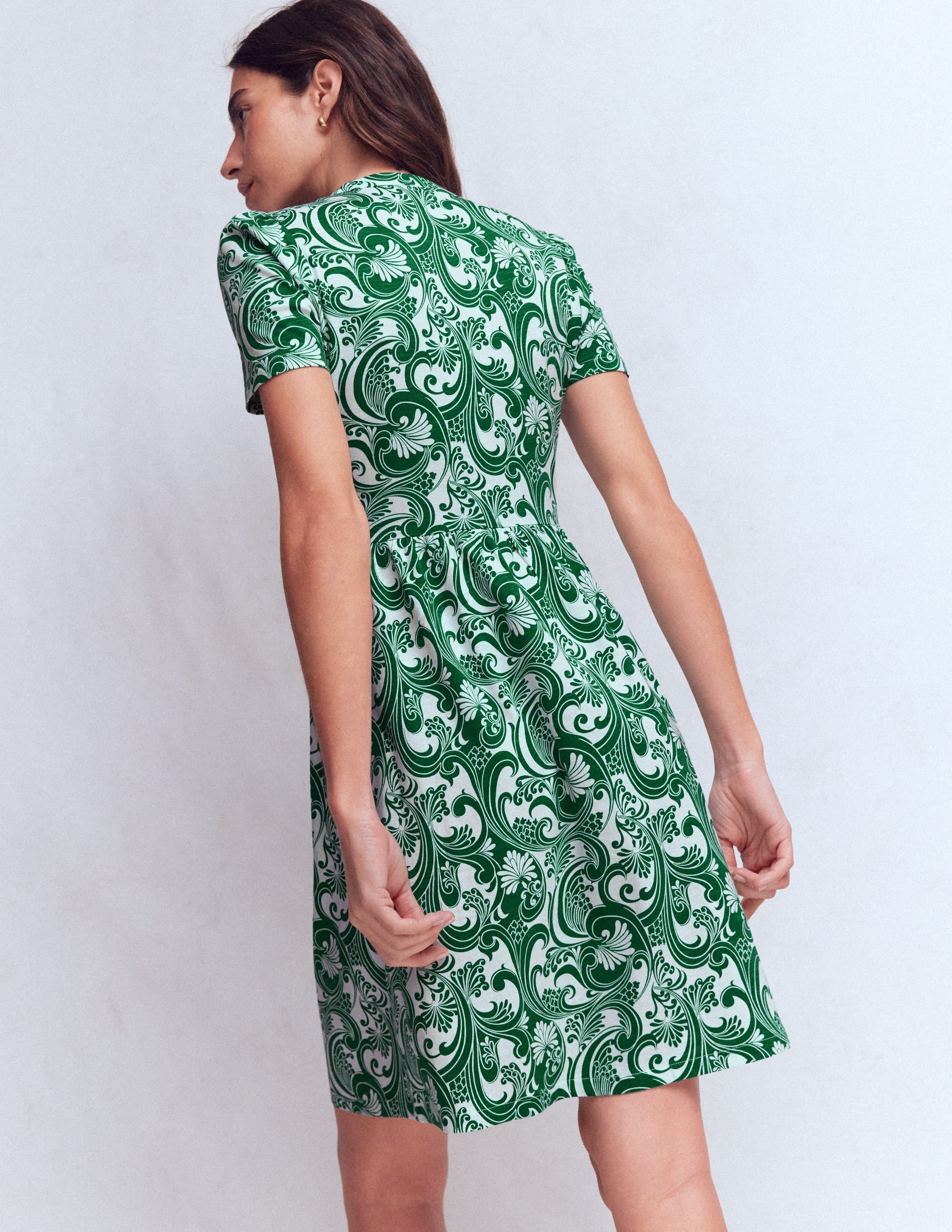 Naomi Short Sleeve Dress-Jewel Green, Foliage Whirl