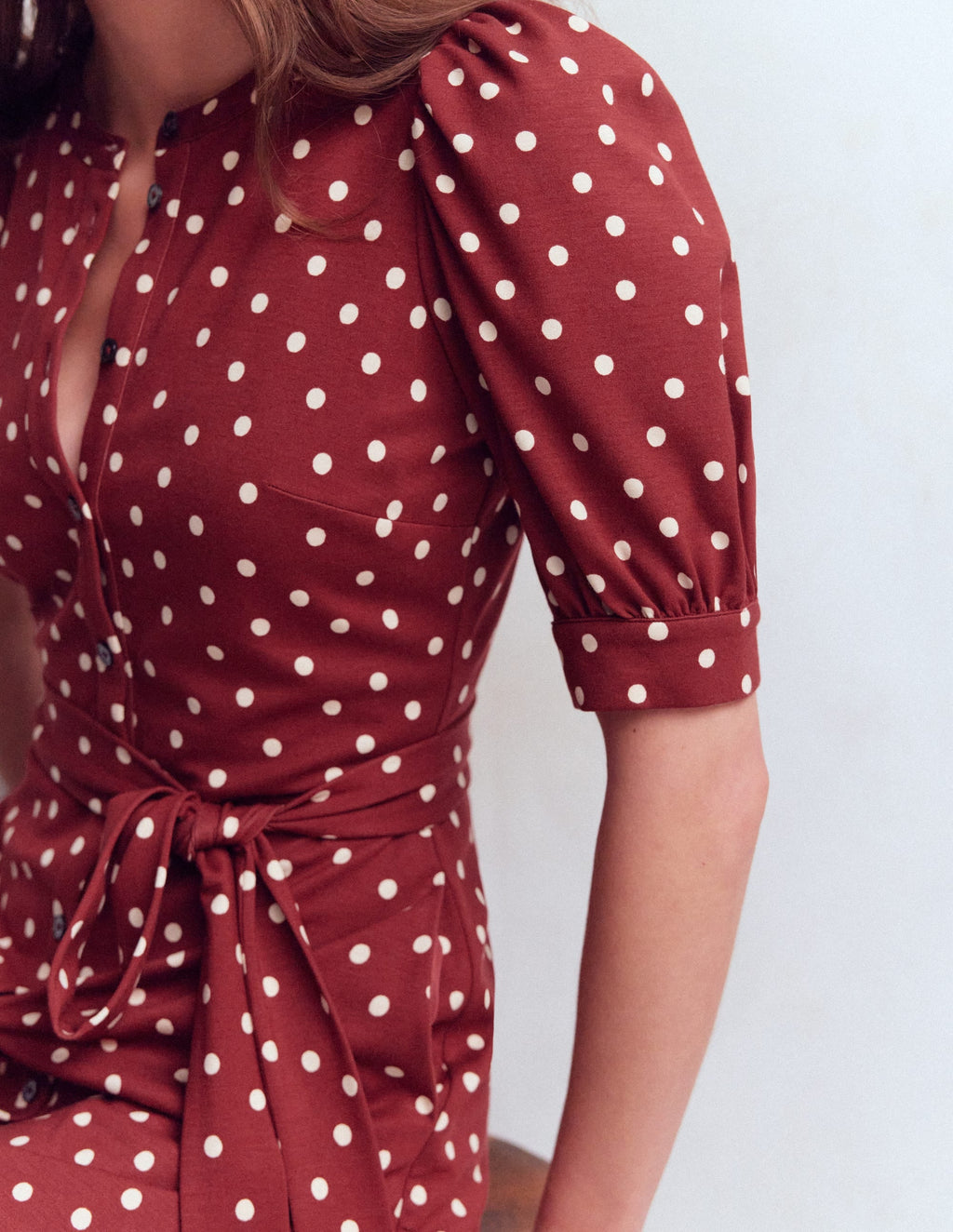 Puff Sleeve Ponte Shirt Dress-Red Pear, Painted Dot