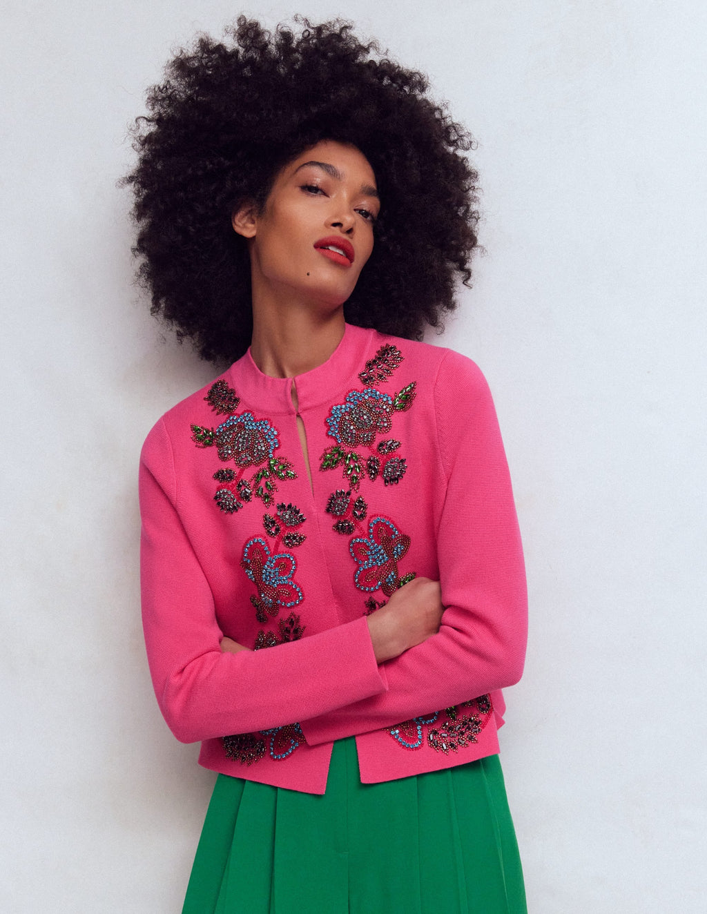 Elena Stand Neck Jacket-Pink Embroidery