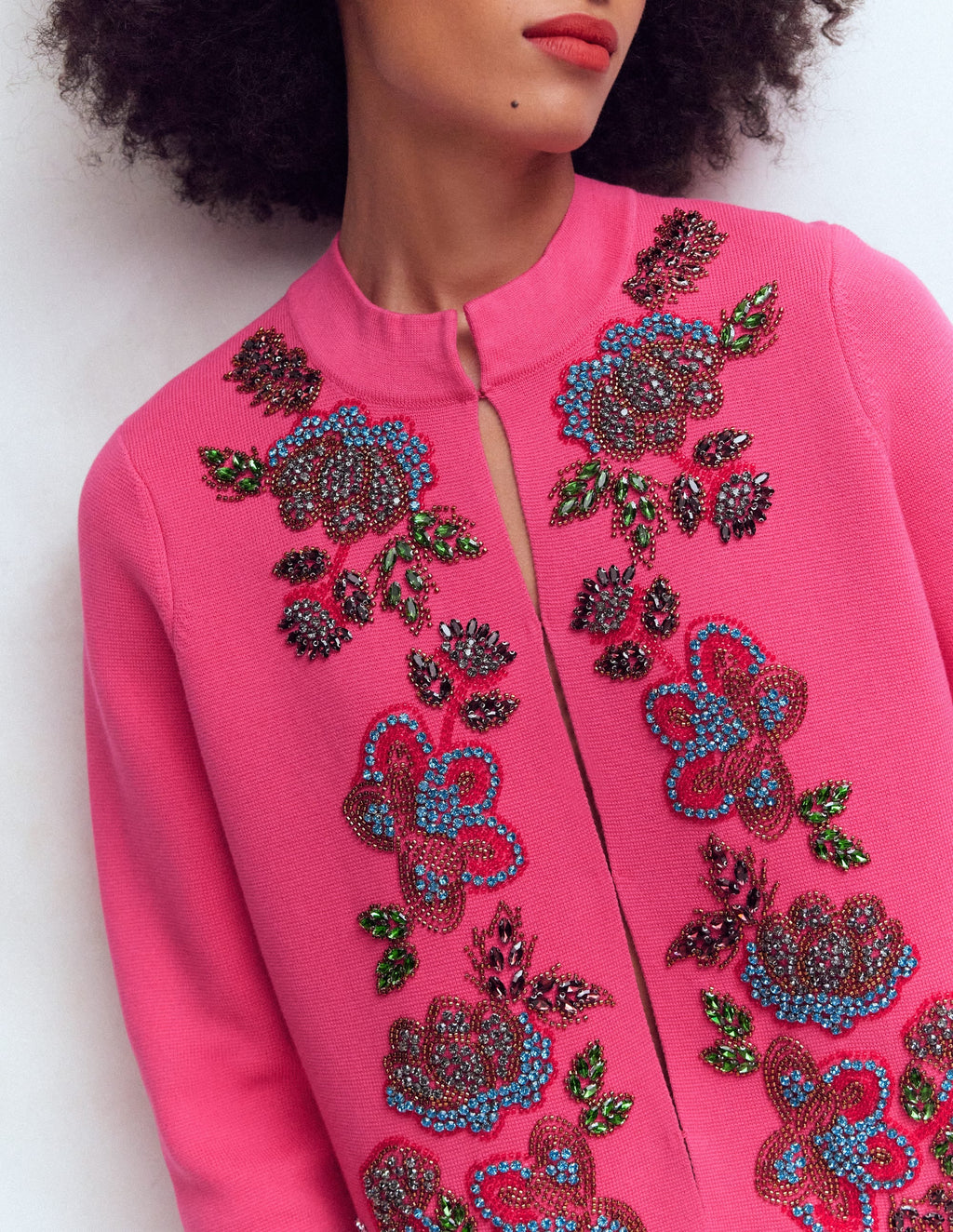 Elena Stand Neck Jacket-Pink Embroidery