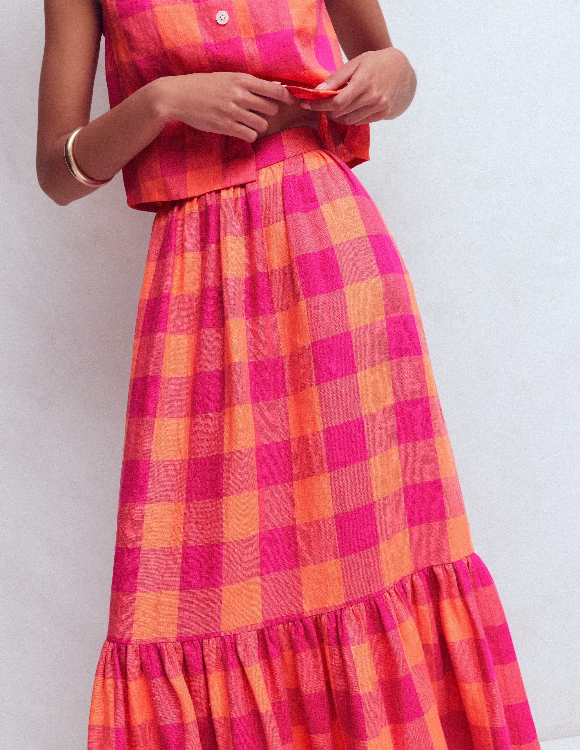 Abigail Linen Maxi Skirt-Zesty Orange, Pink Gingham