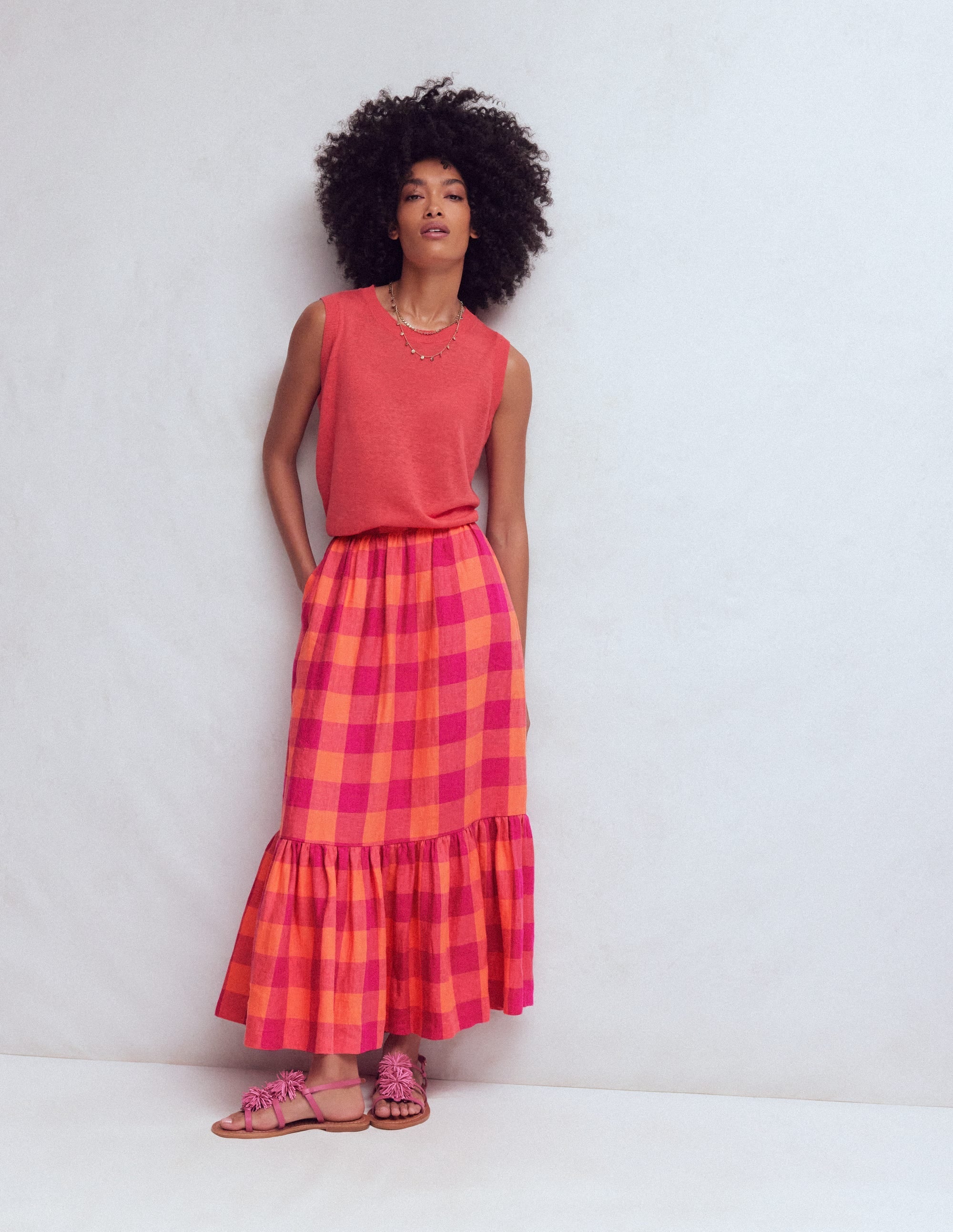 Abigail Linen Maxi Skirt-Zesty Orange, Pink Gingham