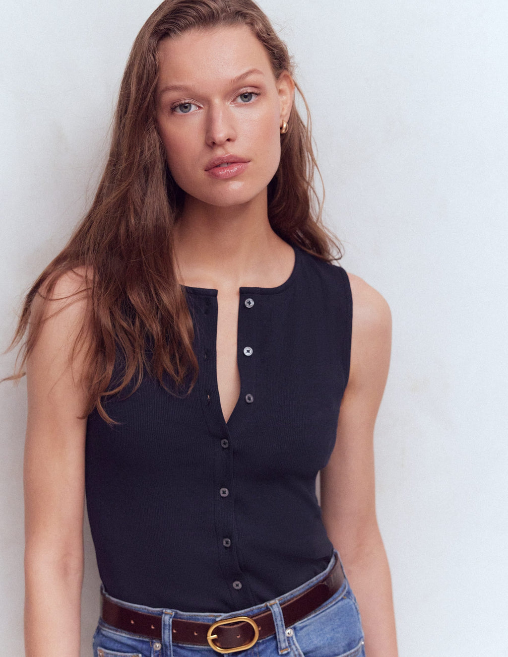 Evie Button Through Rib Vest-Navy