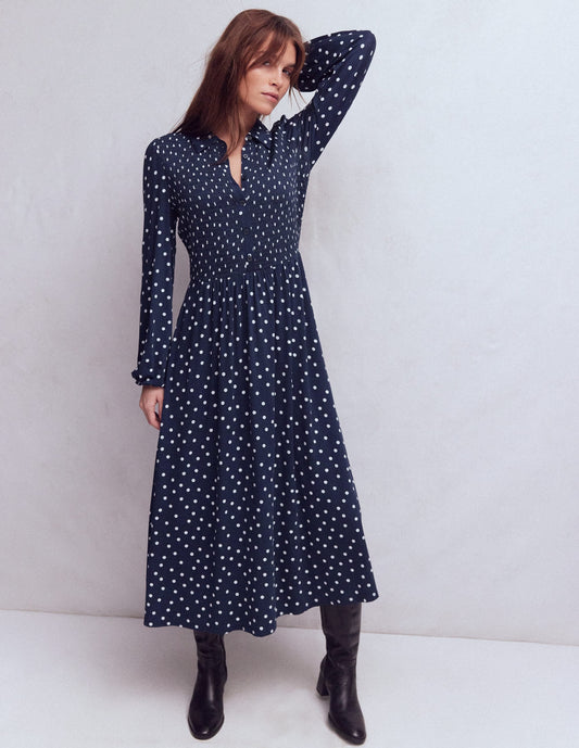 Camilla Smocked Jersey Dress-French Navy, Painted Dot