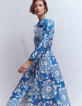 Alexa Cotton Midi Shirt Dress-Blue, Decorative Blossom