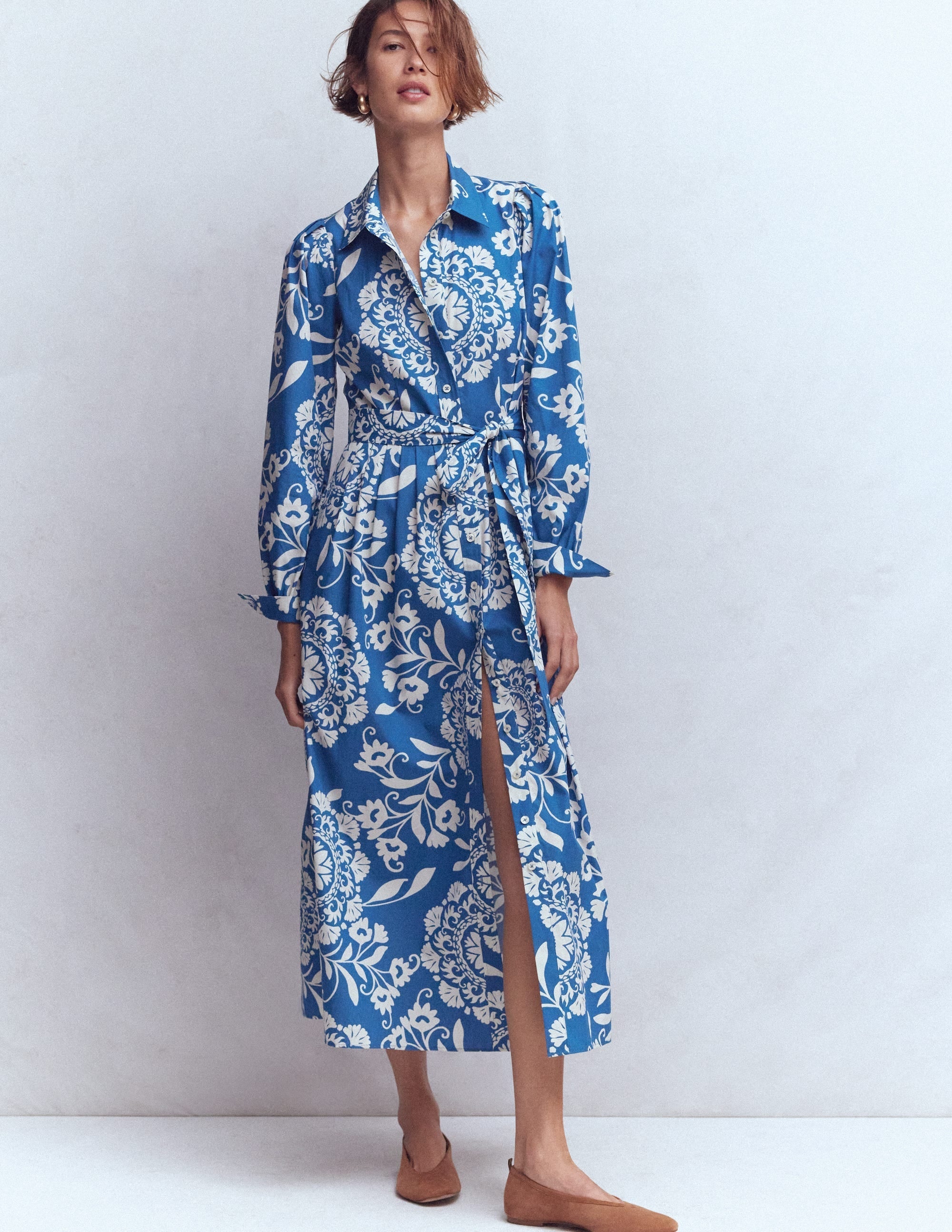 Alexa Cotton Midi Shirt Dress-Blue, Decorative Blossom