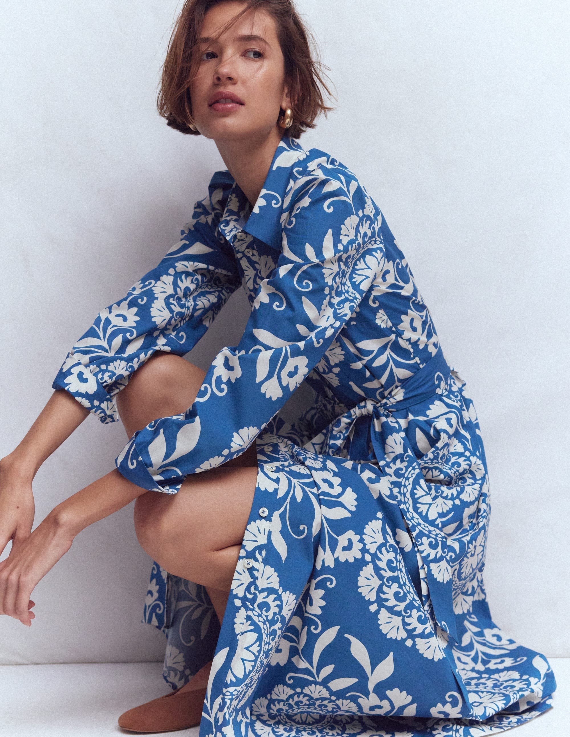 Alexa Cotton Midi Shirt Dress-Blue, Decorative Blossom