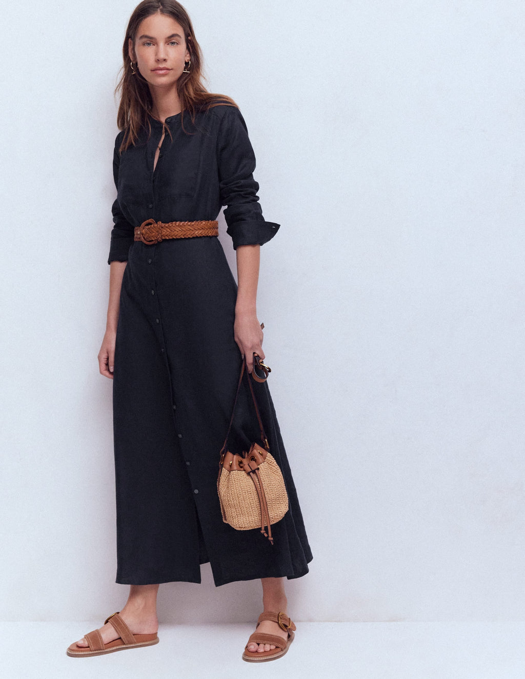 Mollie Linen Midi Dress-Navy