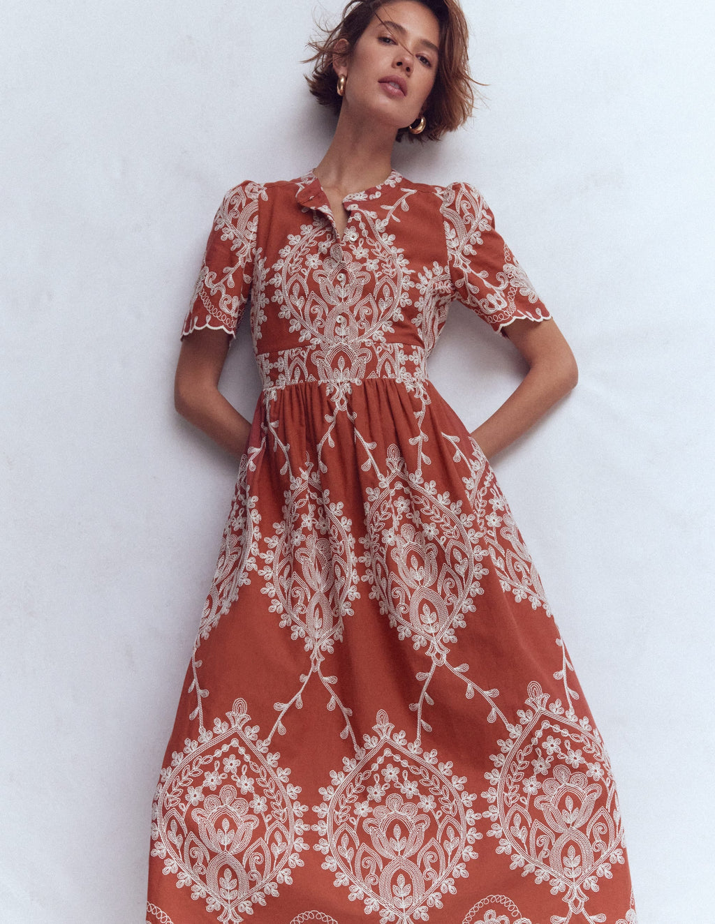 Ivy Button Cotton Midi Dress-Rust Embroidery