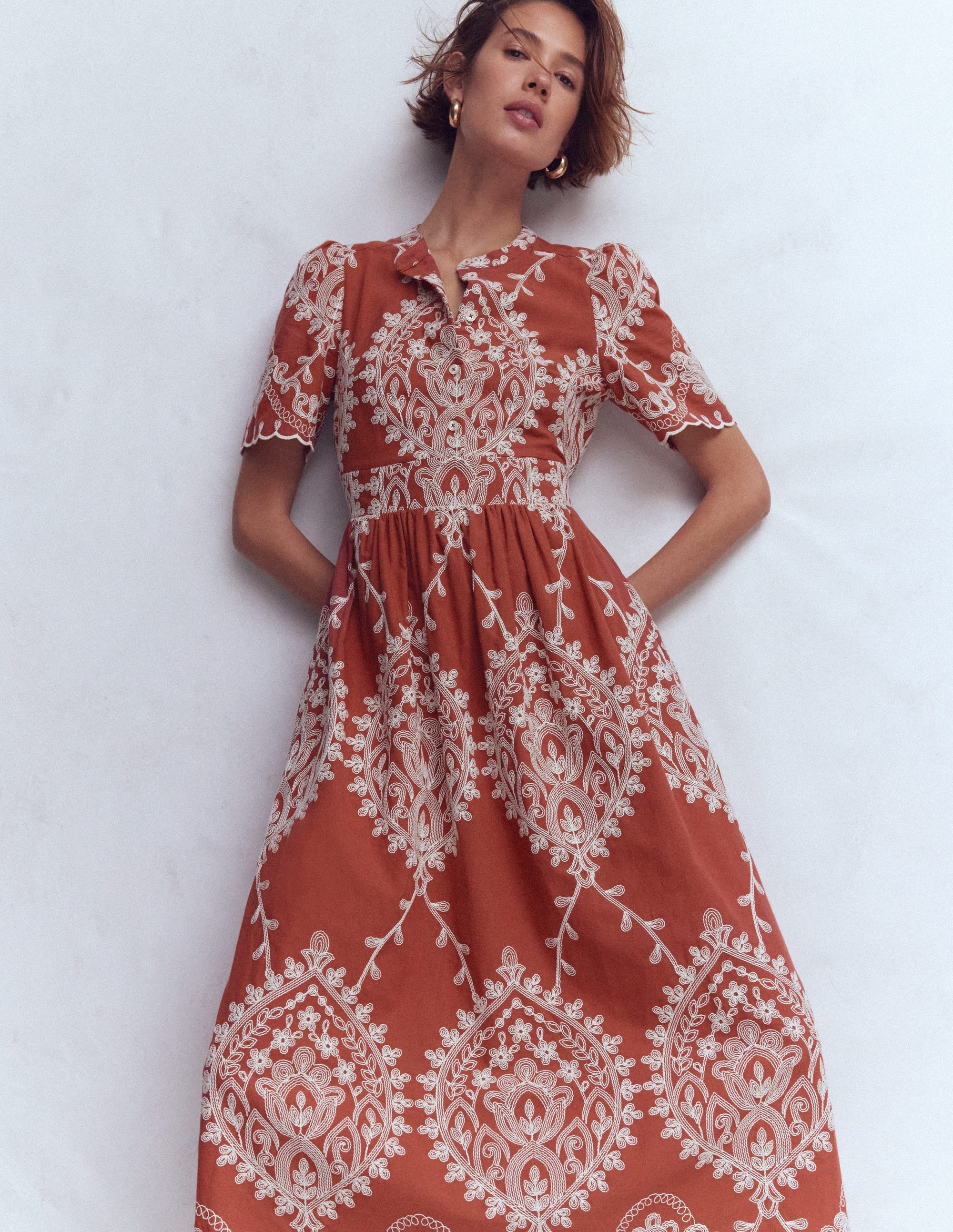 Ivy Button Cotton Midi Dress-Rust Embroidery