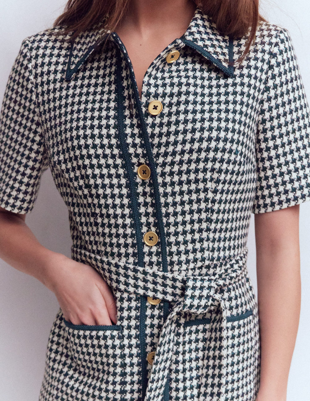 Loren Trim Short Dress-Navy Dogtooth