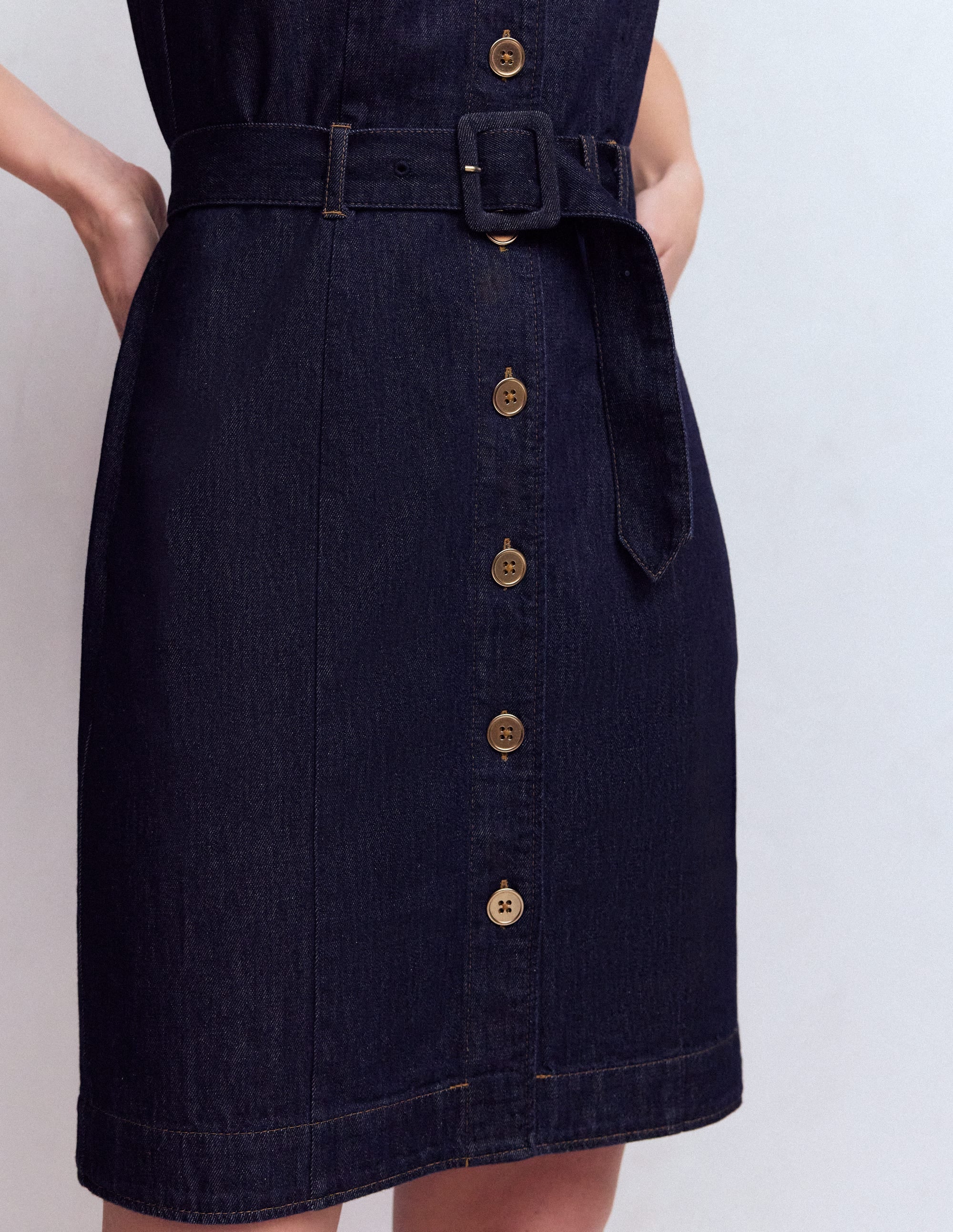 Short Gold Button Denim Dress-Indigo