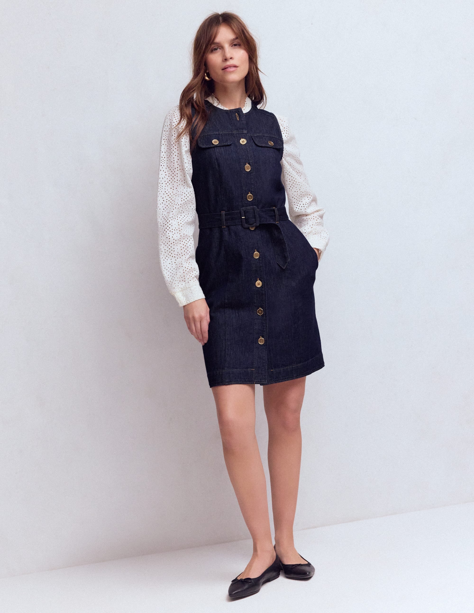 Short Gold Button Denim Dress-Indigo