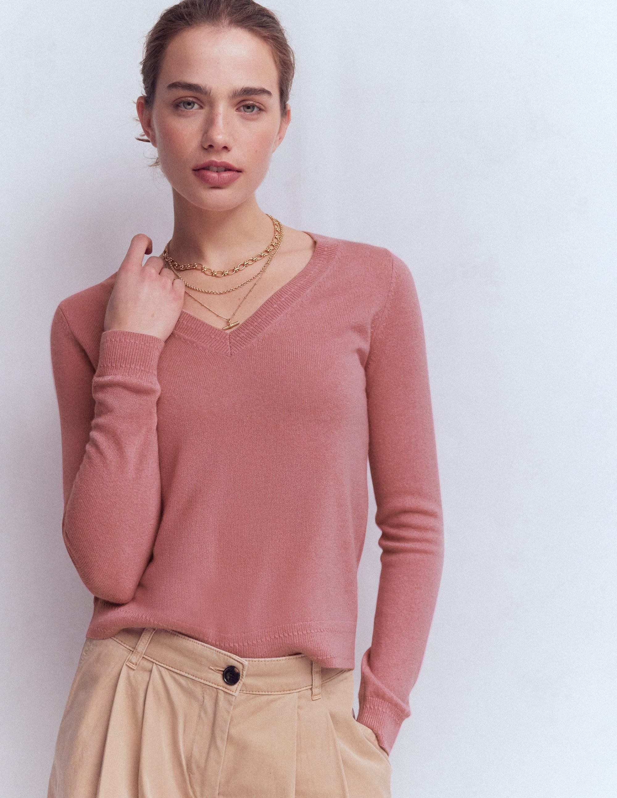 Eva Cashmere V-Neck Sweater-Camelia Pink