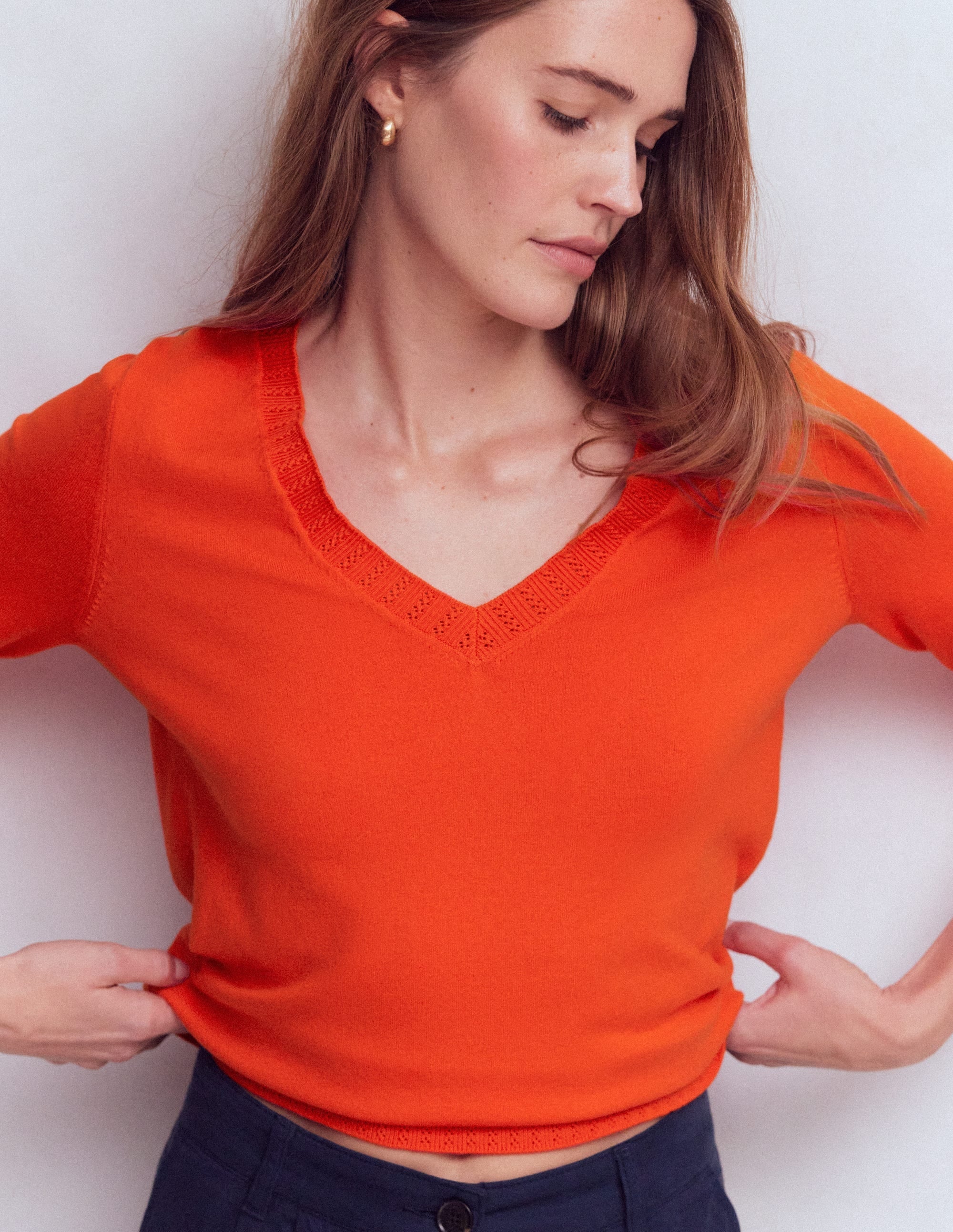Emilia Cotton V Neck Sweater-Sunset Orange