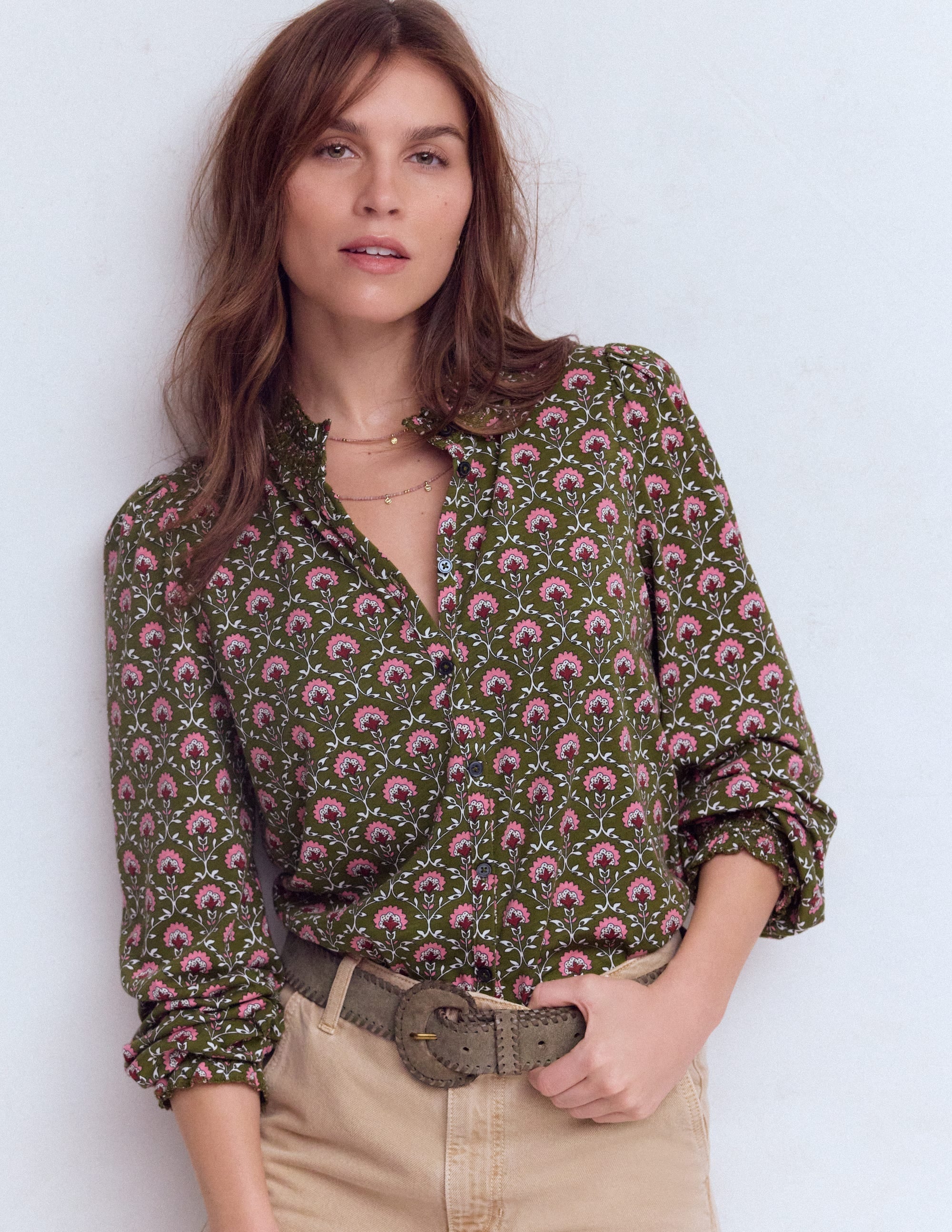 Effie Smocked Detail Shirt-Mayfly, Flower Lattice