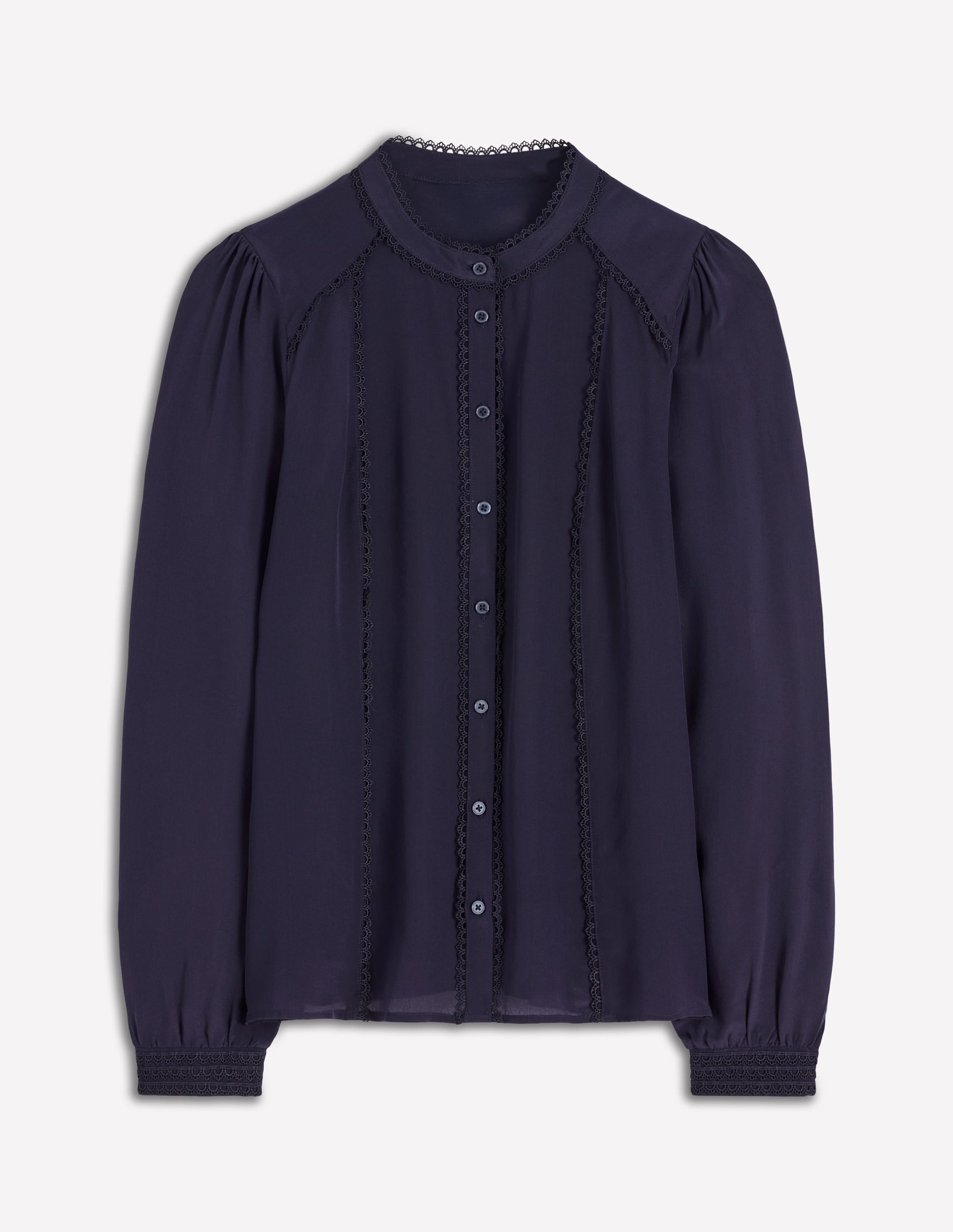 Rhea Trim Detail Silk Top-Denim Blue, Blossomy Sprig