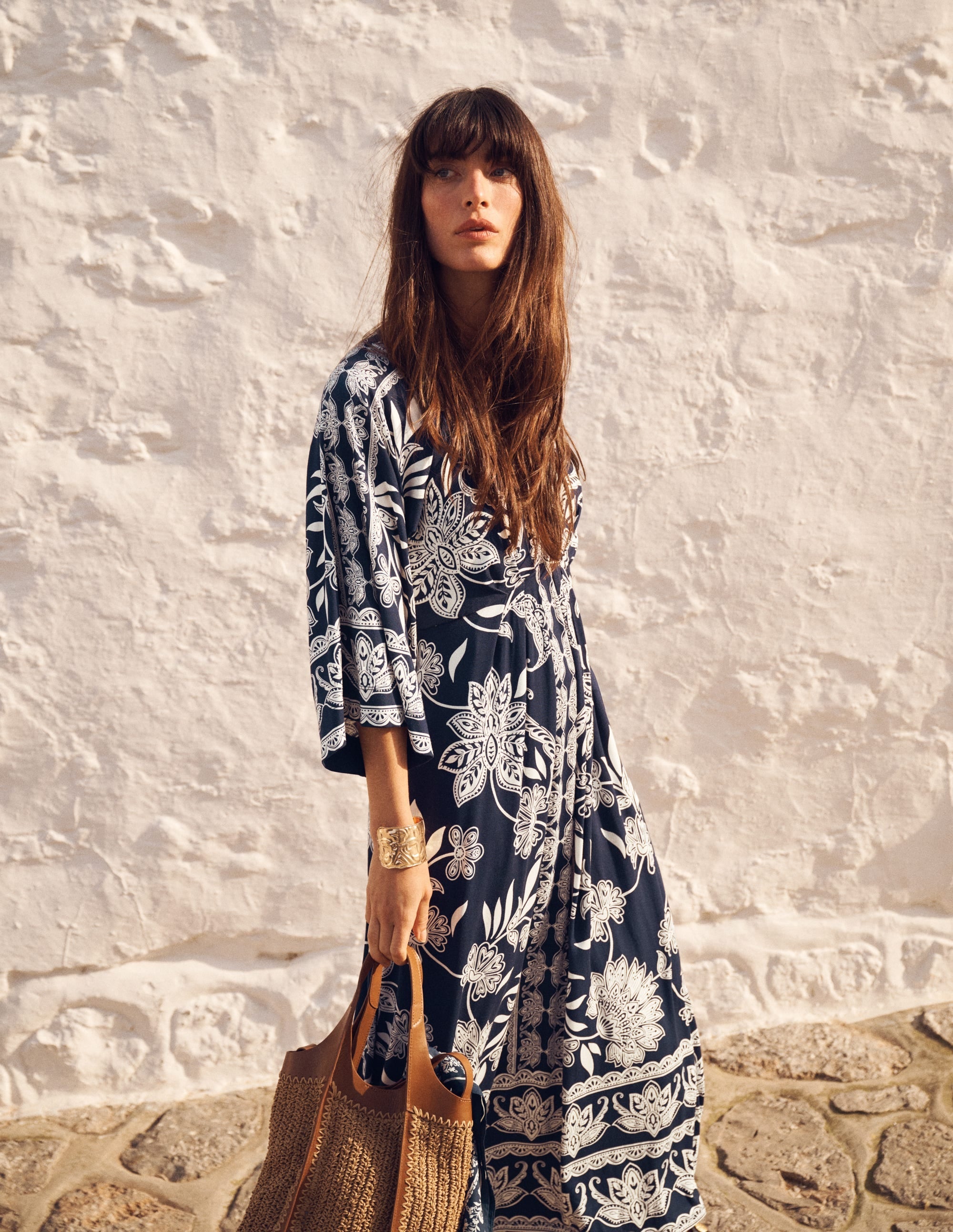 Nell Kimono Midi Jersey Dress-Navy, Elegant Blossom