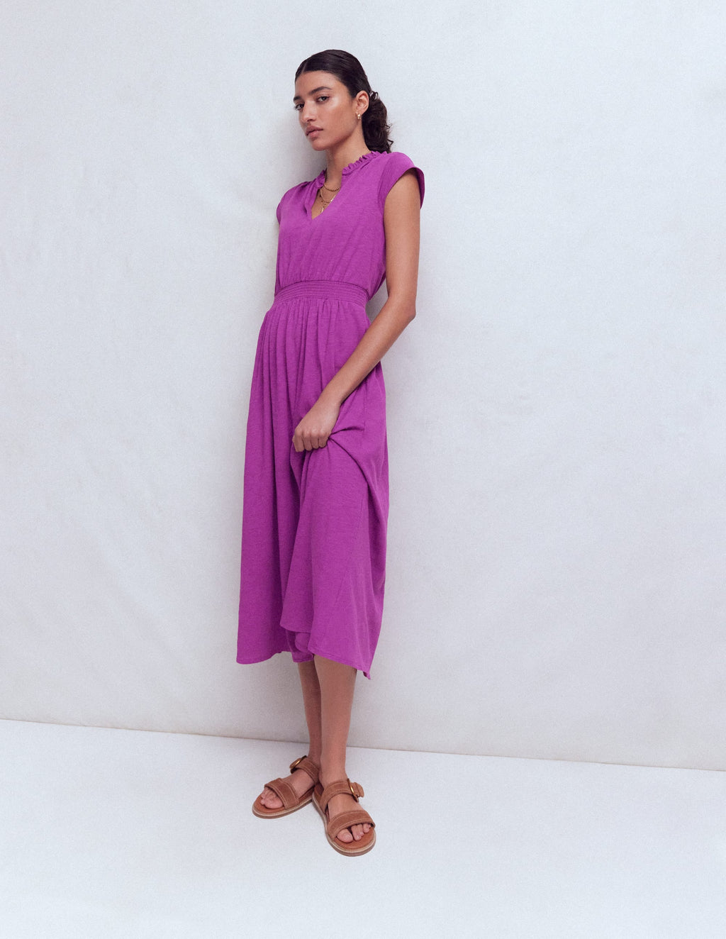 Alba Smocked Jersey Midi Dress-Damson