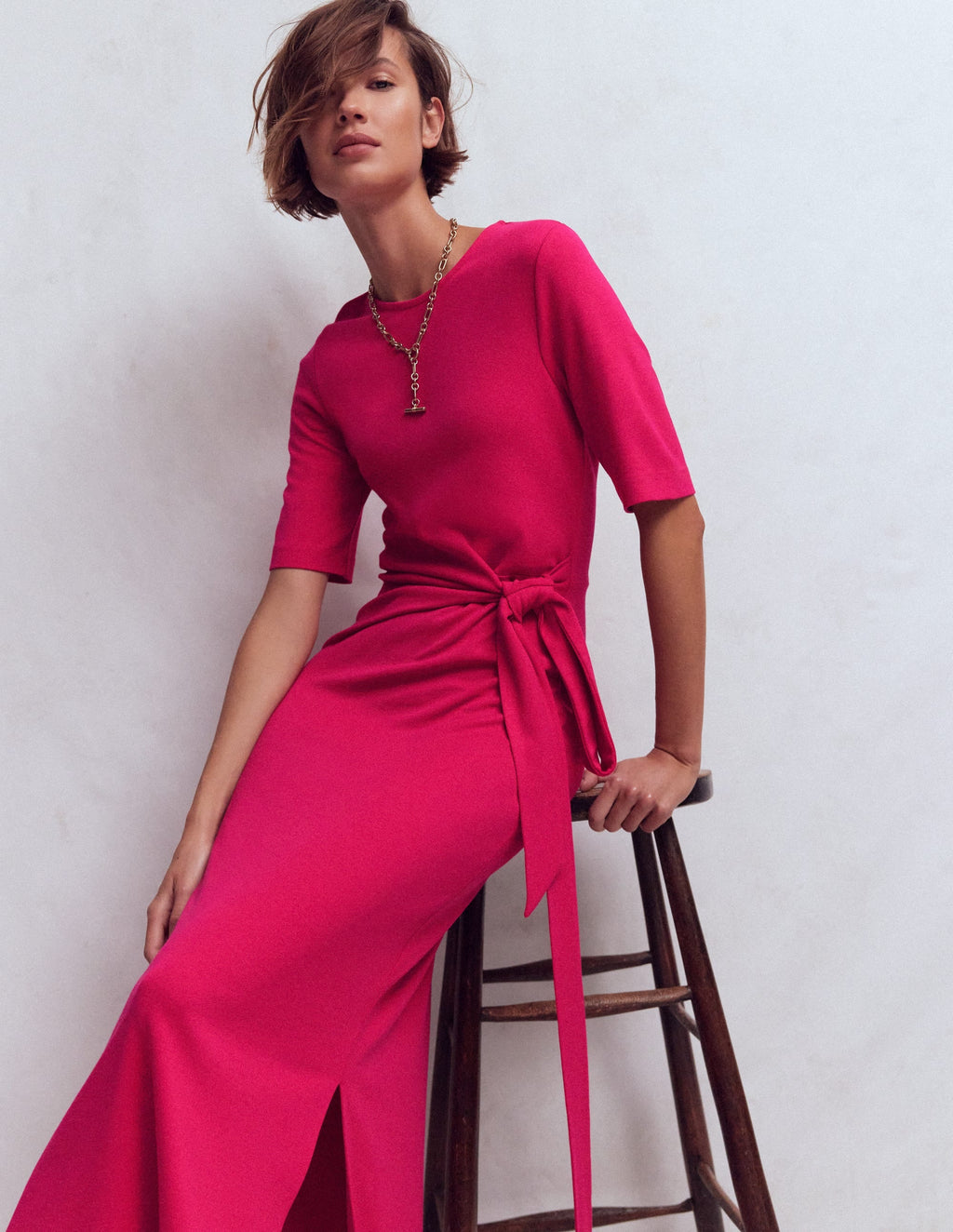 Zinnia Tie Jersey Midi Dress-Vibrant Pink