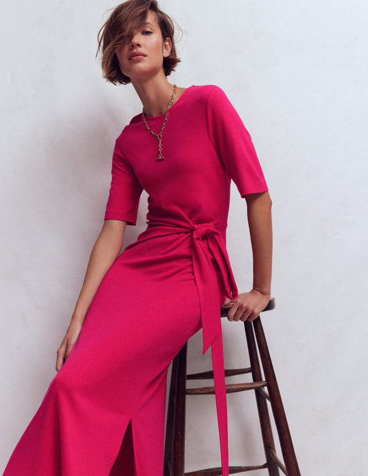 Zinnia Tie Jersey Midi Dress-Vibrant Pink